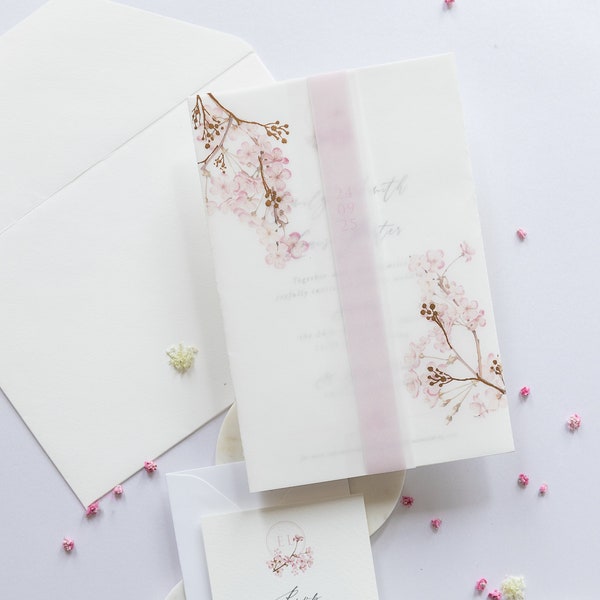 Vellum Cherry Blossom Wedding Invitation Folder Wrap Modern Calligraphy Parchment Sleeve Wedding Day Invitation Suite with Envelopes