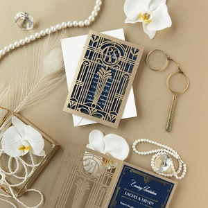 Golden Lasercut Gate, Art Déco, Great Gatsby Evening, convite de casamento para recepção Gatefold com monograma e envelope personalizados, dourado, cortado