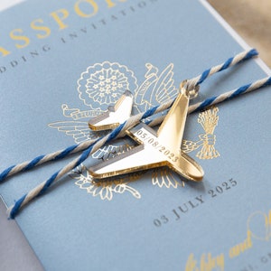 Santorini Blue Invite Luxury Passport Wedding Invitation Plane Engraved, Gold Foil Boarding Pass,Wedding Abroad, Destination Wedding, Travel image 1