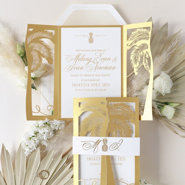 Stunning Gold Palm Tree Laser Cut Wedding invitation with Monogram Belly Band and Envelopes, Destination Wedding Invite, Tropical Invitation
