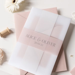 Vellum Wrap in Rose Gold Foil Plexi Heart Mirror Wedding Day Invitation Pocket / Folder with Parchment Blush Belly Band + RSVP + Envelope