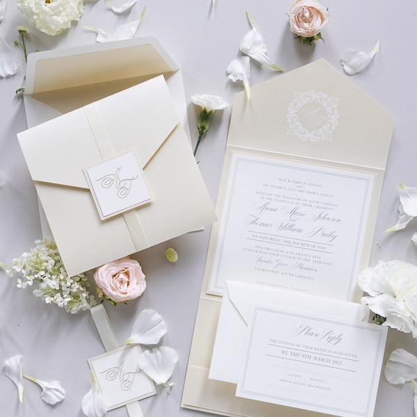 Laser Cut Monogram Luxury Wedding Invitation Pocket suite Classic with  RSVP, Luxury Italian Card, Personalized Invite with Ribbon Tag