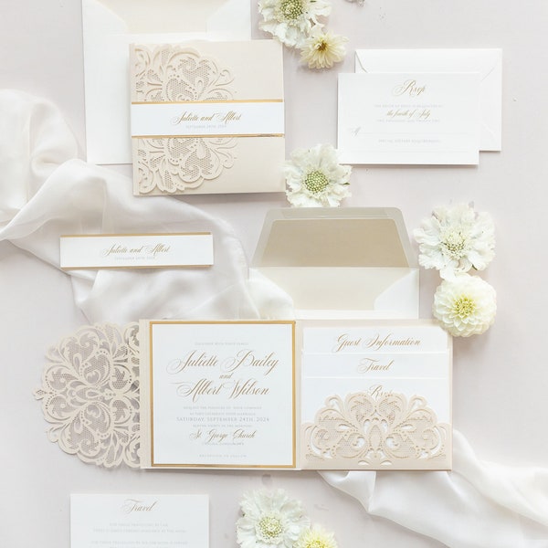 Laser Cut Pocket Fold Luxury Wedding Invitation in Champagne & Gold with 3 Inserts : Rsvp with Envelope , Travel, Guest Info Wedding Card