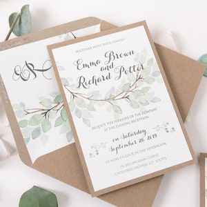 Grünes Aquarell Blatt Rustikale Hochzeitsabendeinladung, Boho Hochzeitseinladung, Rustikale Abendempfangskarten, Hochzeitseinladungen