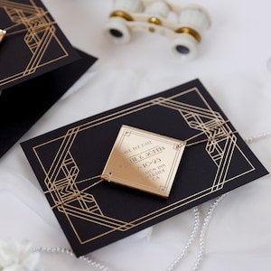Luxuriöse Art Deco Große Gatsby Save the Date mit Magnet Plexi Spiegel Acryl Diamant, Schwarz & Gold Save The Date Karten, Hochzeit Einladung
