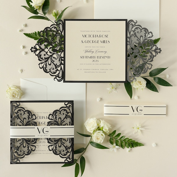 Art Deco / Hollywood  Luxury Gatefold Laser cut Set Wedding Invitation, Black Tie,Pearlised Monogram Belly Band with Rsvp Card and Envelopes