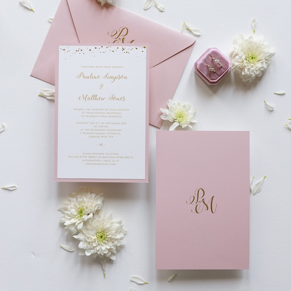 Blush Pink Evening Confetti Rain Collection with Gold Foiling , Foil details, Polka Dots and envelope to match with Monogram.