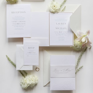 Luxury Pearl Embossed Pocket Suite Wedding Invitation w/Parchment Bellyband, Classic White Wedding Folder, with RSVP, Reception, w/Envelopes