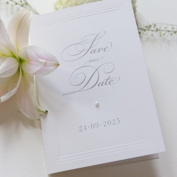 Luxury Triple Blind Embossed Elegant Timeless Save the Date Card with Pearl Gem & Envelopes, Wedding Invite, Wedding Save the Dates