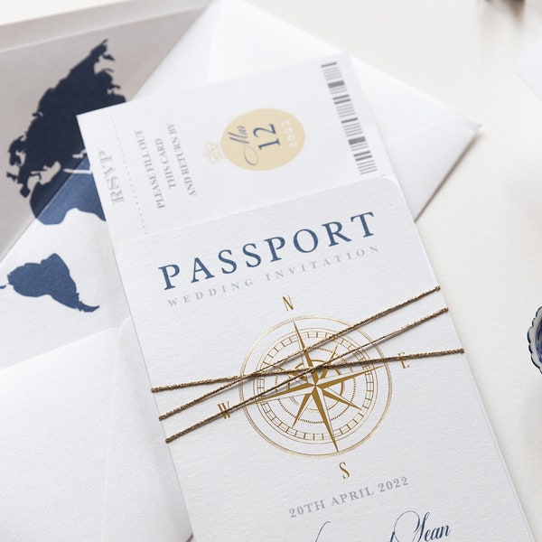 International Wedding Passport Invitation Compass Real Foil Boarding Pass Invite,Wedding Abroad,Destination Wedding,Travel Wedding, Ticket