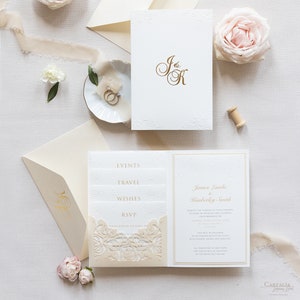 Invitación de bolsillo de lujo con 4 insertos, monograma en relieve y lámina dorada y juego de pliegues de bolsillo cortados con láser, carpeta de boda, invitaciones de boda