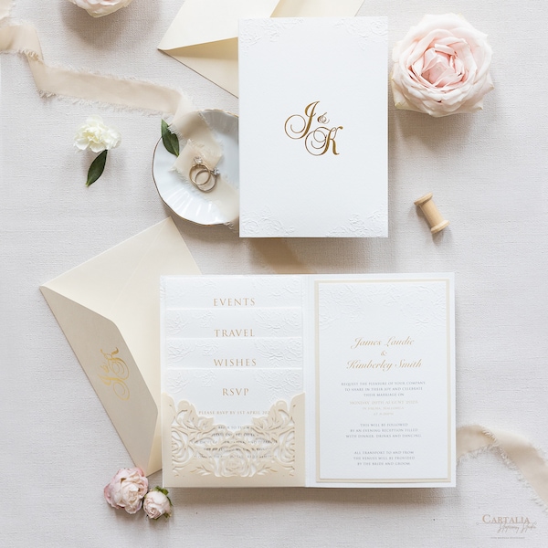 Luxury 4 Inserts Pocket Invitation with Embossed & Gold Foil Monogram and Laser cut Pocket fold Suite , Wedding Folder , Wedding Invitations