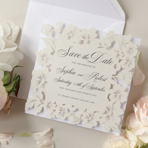 Intricate Flower Laser Cut Save The Date Card, Romantic Save The Day Cards, Wedding Announcement, Laser Cut Design