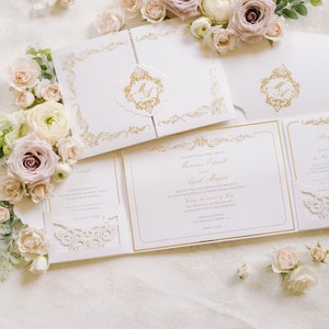 Luxe bruiloft uitnodiging Pocket fold suite in goudfolie, klassiek, gastinformatiekaart, RSVP, luxe Italiaanse kaart, op maat gemaakte Deckled Enve