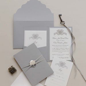 Luxury 710gsm Letterpress Grey Pocket fold Wedding Invitation Suite with Monogram Mirror Closure, Ribbon, RSVP + Envelopes