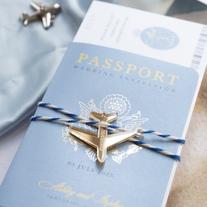 Santorini Blue Invite Luxury Passport Wedding Invitation Plane Engraved, Gold Foil Boarding Pass,Wedding Abroad, Destination Wedding, Travel image 3