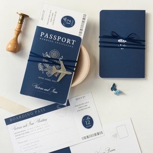USA / American & UK Passport Navy Wedding Invitation with Silver Mirror Plexi Plane