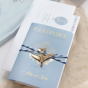 Santorini Blue Invite Luxury Passport Wedding Invitation Plane Engraved, Gold Foil Boarding Pass,Wedding Abroad, Destination Wedding, Travel image 10