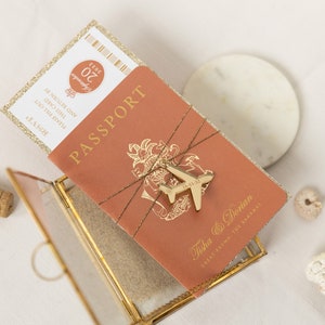 Terracotta, Cinnamon Luxury Passport Wedding Invitation with Gold String & Gold Glitter, Real Foil
