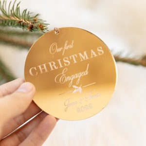Our First Christmas Engaged Ornament , Gold Mirror Christmas Tree Bauble, Gift for Couples, Personalised Bauble, New Home Christmas Ornament