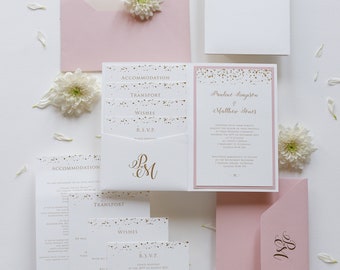 Goudfolie Confetti Regen Luxe Moderne Gestippelde 4 insert Grijze Pocket fold Folder Wedding Invitation Suite met Monogram, Reizen, RSVP + Envelop