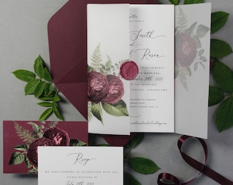 Wax Seal Burgundy Marsala Wedding Invitation Calligraphy Vellum Parchment Sleeve Floral Wedding Invite Folder with + RSVP + Custom Envelope