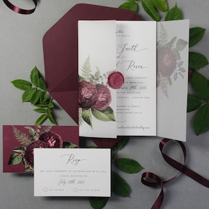 Wax Seal Burgundy Marsala Wedding Invitation Calligraphy Vellum Parchment Sleeve Floral Wedding Invite Folder with RSVP Custom Envelope image 1