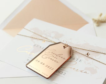 Rose Gold Luggage Tag | Wedding Save the Date Magnet with Plexi Mirror Magnet, Passport Style, Destination Wedding, Wedding Abroad Foiled