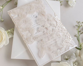 Rose Detail Laser Cut, Elegant Wedding Card Pearl Foil with Intricate Laser Cut Die Cut Rose Detail  Wrap Day Invitation Envelopes