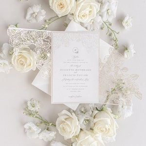 Rose Detail Laser Cut, Elegant Wedding Card Pearl Foil with Intricate Laser Cut Die Cut Rose Detail Wrap Day Invitation Envelopes image 3
