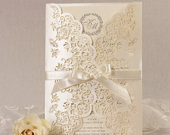 Intricate Lace Laser Cut Cream Day Gatefold Wedding Invitation  Personalized With Envelopes Wedding Day Invitation Handmade Wedding Cards