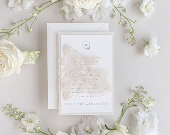 Wedding Evening Invite - Floral Flap Cover Laser Cut Rose Detail Calligraphy Wedding Invitation in Pearlised Board w/ Envelopes , Reception