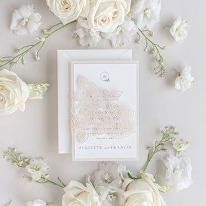 Wedding Evening Invite - Floral Flap Cover Laser Cut Rose Detail Calligraphy Wedding Invitation in Pearlised Board w/ Envelopes , Reception