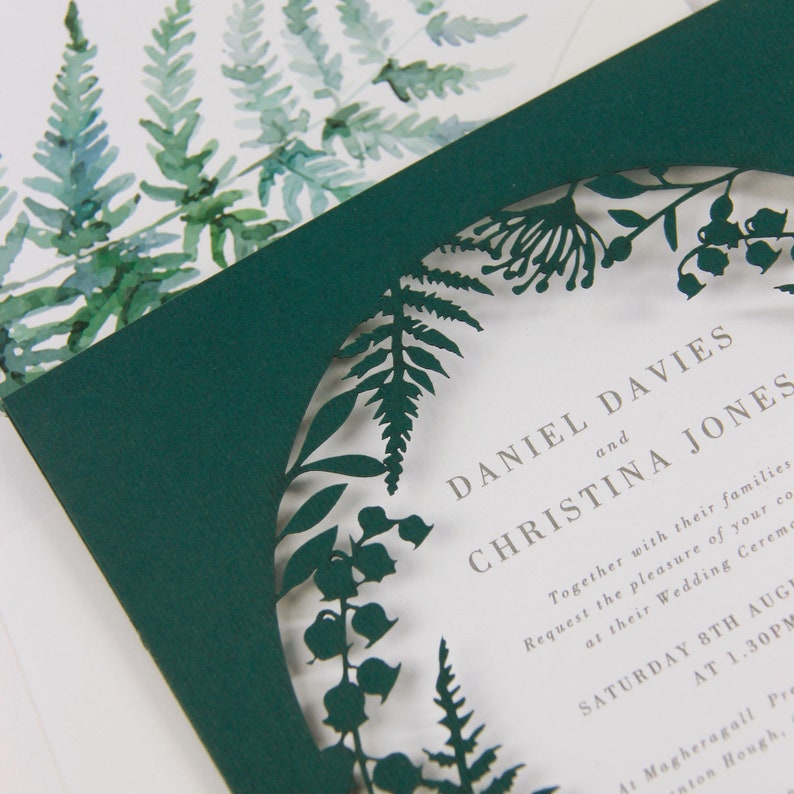 Forest Green Wedding Invitations With Laser Cut Fern Rustic - Etsy