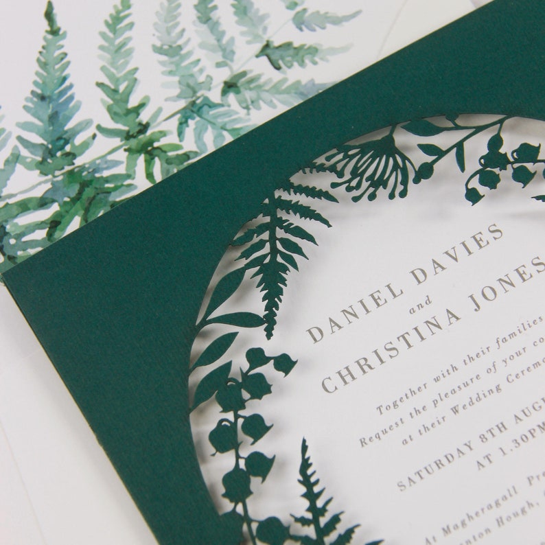 Forest Green Wedding Invitations with Laser Cut Fern