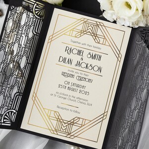 Great Gatsby Black Laser cut, Art Deco, Gold 1920's Personalized Gatefold Wedding Invitation,Custom Monogram & Envelope, Die Cut image 4