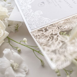 Rose Detail Laser Cut, Elegant Wedding Card Pearl Foil with Intricate Laser Cut Die Cut Rose Detail Wrap Day Invitation Envelopes image 2