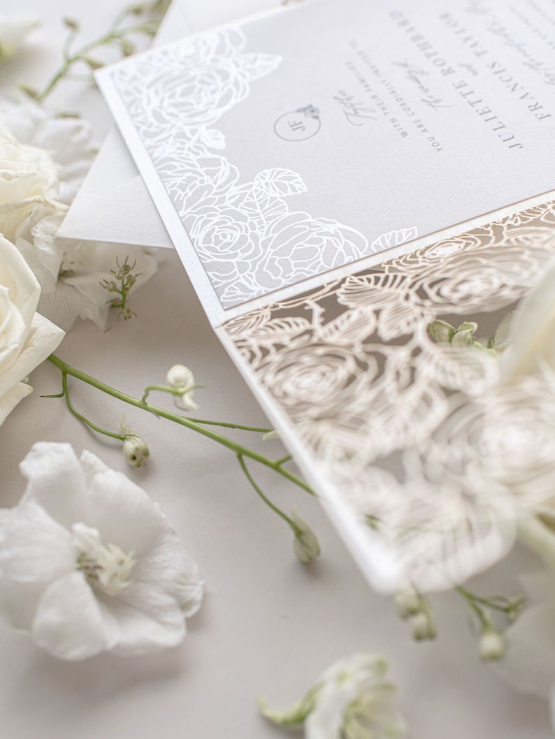 Rose Detail Laser Cut, Elegant Wedding Card Pearl Foil with Intricate Laser Cut Die Cut Rose Detail Wrap Day Invitation Envelopes image 2