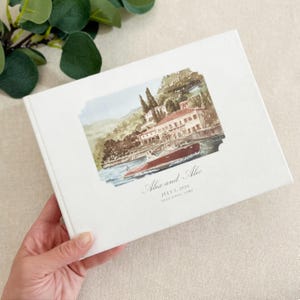 Personalized White Velvet Wedding Guest Book with Your Custom Venue Watercolour | Villa Pizzo, Lake Como