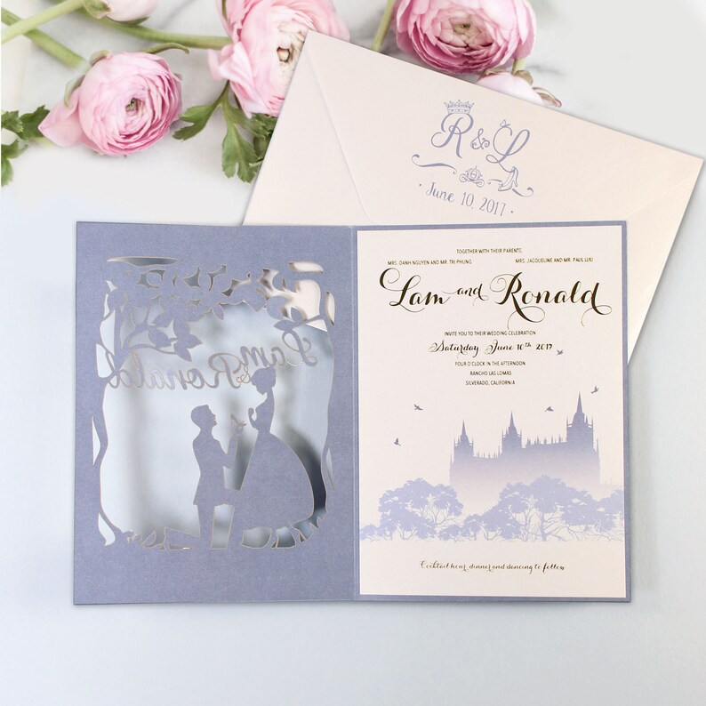 Cinderella Disney Castle Fairytale Intricate Laser Cut Wedding Invitation C...