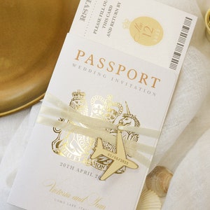 Gold Invite Plane Luxury Passport Wedding Invitation Plane Engraved, Gold Foil Boarding Pass,Wedding Abroad, Destination Wedding,Travel image 2