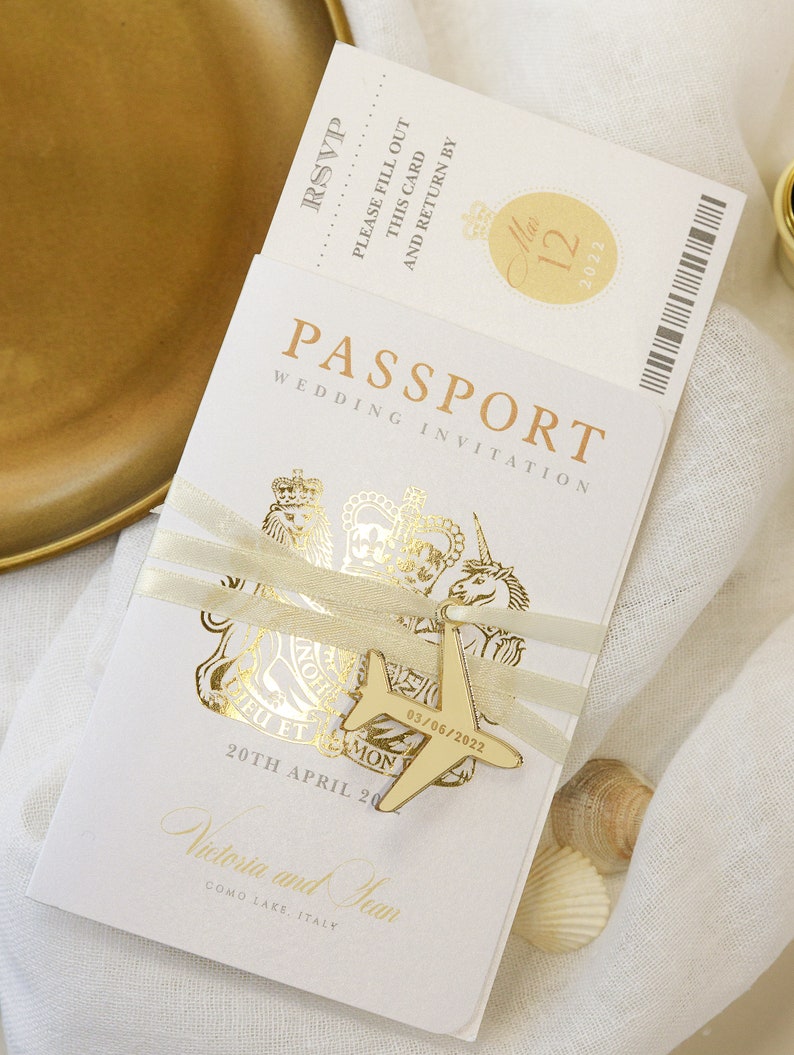 Gold Invite Plane Luxury Passport Wedding Invitation Plane Engraved, Gold Foil Boarding Pass,Wedding Abroad, Destination Wedding,Travel image 2