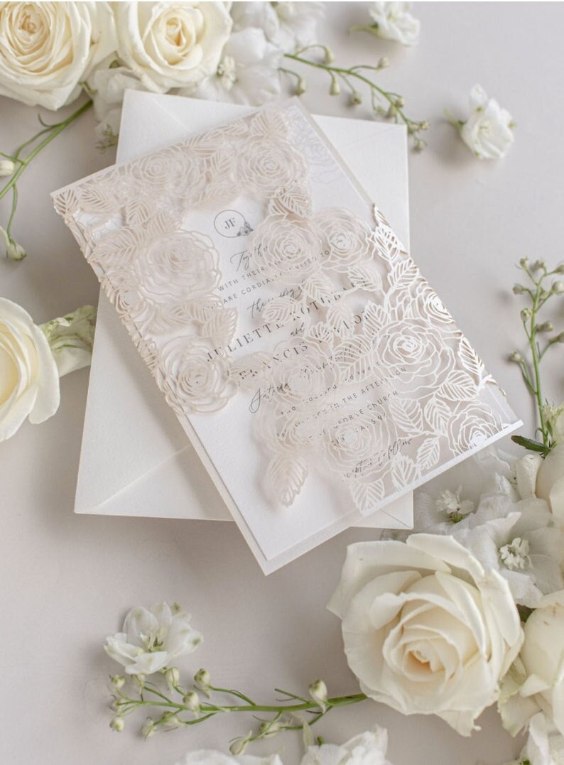 Rose Detail Laser Cut, Elegant Wedding Card Pearl Foil with Intricate Laser Cut Die Cut Rose Detail Wrap Day Invitation Envelopes image 1