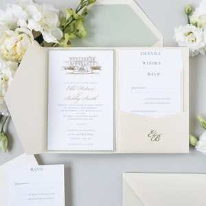 Custom Wedding Venue Illustration Venue Invitation Sage Green & Champagne Pocket Suite in Classic Envelope Fold in Gold Foil
