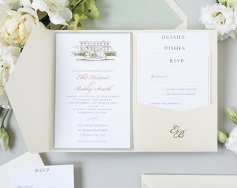 Custom Wedding Venue Illustration Venue Invitation Sage Green & Champagne Pocket Suite in Classic Envelope Fold in Gold Foil