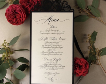 Black Opulence Luxury Laser Cut Menu , Wedding Menu Card, Plate Menu, Table Menu , Table Decor