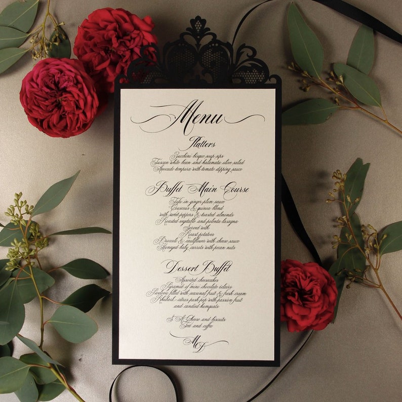 Black Opulence Luxury Laser Cut Menu , Wedding Menu Card, Plate Menu, Table Menu , Table Decor image 1