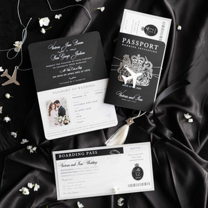 Luxury Black and Silver Passport Wedding Invitation – Real Foil & Glitter – Boarding Pass RSVP – Destination Wedding – Travel Theme