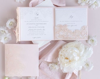 Romantic Intricate Roses Laser Cut Pocket Folder with RSVP Card Luxury Wedding Invitation Wedding Suite in Blush & Pearl White Foil