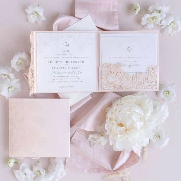 Romantic Intricate Roses Laser Cut Pocket Folder with Rsvp Card Luxury Wedding Invitation Wedding Suite in Blush & Pearl White Foil